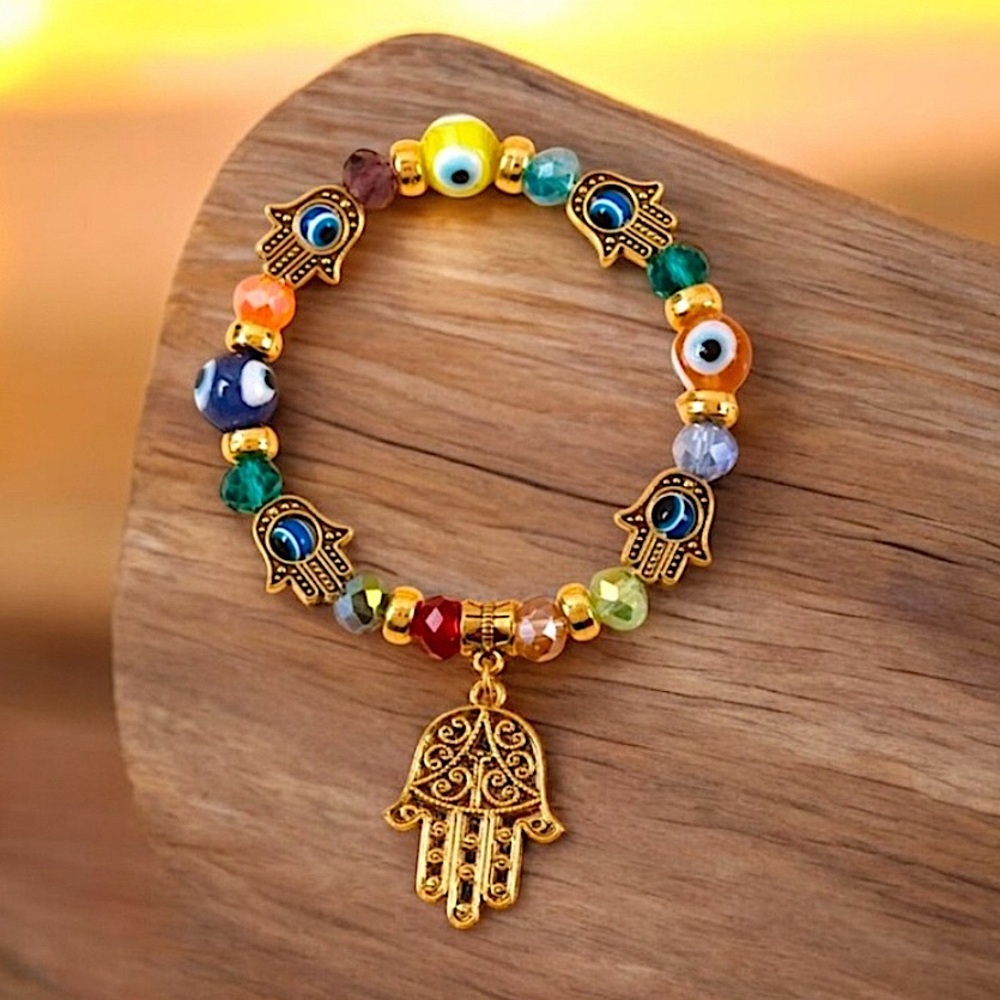 NWT Hamsa & Evil-Eye Protection Bracelet 
with Multi-Colored Crystal Beads